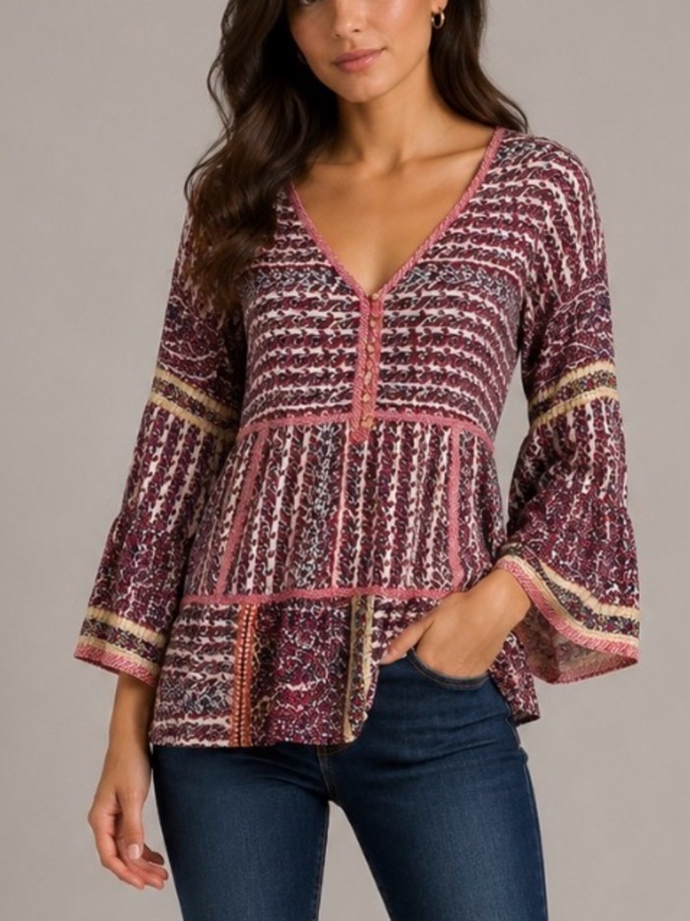 Maeve by Anthropologie Boho Multicolor Printed V-Neck Tunic Blouse Size Medium